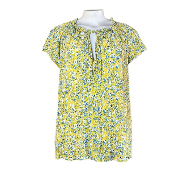 Gerard Darel Paris Floral Peasant Blouse Yellow Blue Print Size 10 - Picture 3 of 16
